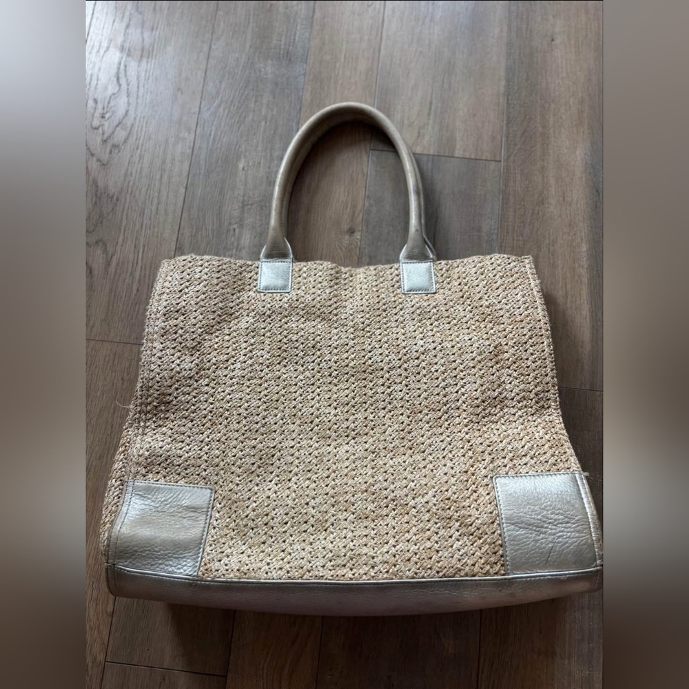 Tory Burch Metallic Gold and Silver Ella Raffia Straw Tote Bag Purse Handbag - Picture 5 of 5